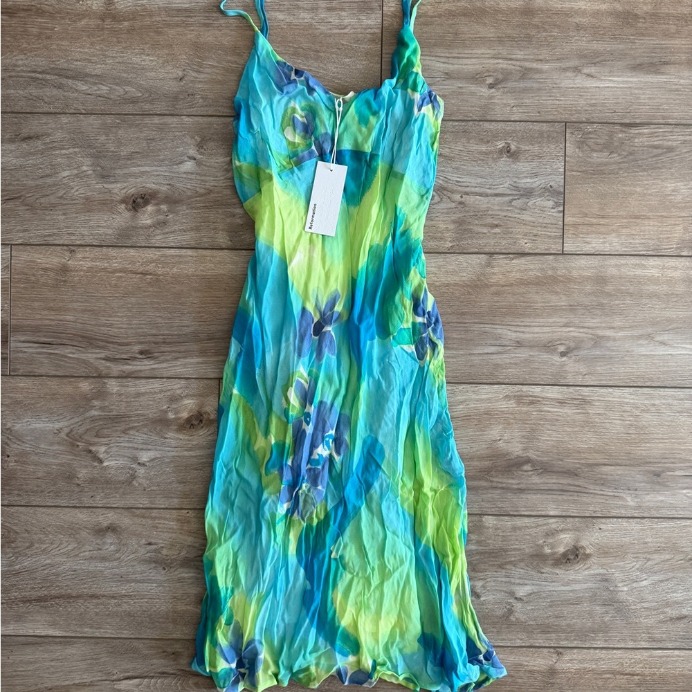 Reformation Vintage NWT Vibrant Blue and Green Floral Midi Dress